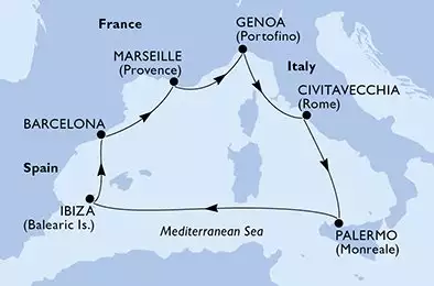 MSC SEAVIEW - itinerár  7 nocí odchod z Marselha (Provença) França dňa 26/06/2026 - France,Italy,Spain