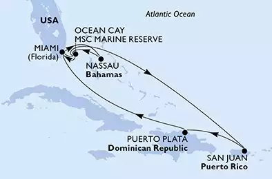 MSC SEASIDE - itinerár  10 nocí odchod z Miami USA dňa 18/12/2026 - Miami,Nassau,Ocean Cay,Miami,Ocean Cay,San Juan,Puerto Plata,Miami