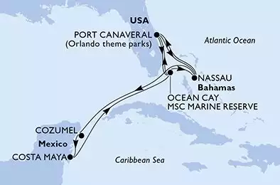 MSC SEASHORE - itinerár  11 nocí odchod z PortCanaveral United States dňa 12/07/2026 - Port Canaveral,Nassau,Cozumel,Costa Maya,Ocean Cay,Port Canaveral,Ocean Cay,Ocean Cay,Nassau,Port Canaveral