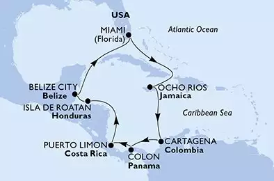 MSC POESIA - itinerár  11 nocí odchod z Miami USA dňa 01/11/2026 - Miami,Ocho Rios,Cartagena,Colon,Puerto Limon,Isla de Roatan,Belize City,Miami