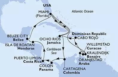 MSC POESIA - itinerár  21 nocí odchod z Miami United States dňa 22/10/2026 - Miami,Kralendijk,Oranjestad,Willemstad,Cabo Rojo,Ocho Rios,Miami,Ocho Rios,Cartagena,Colon,Puerto Limon,Isla de Roatan,Belize City,Miami