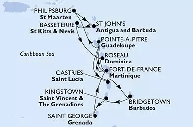 MSC SEAVIEW - itinerár  14 nocí odchod z Fort de France Martinique dňa 13/02/2027 - Fort de France,Pointe-a-Pitre,Philipsburg,St John s,Basseterre,Roseau,Fort de France,Pointe-a-Pitre,Castries,Bridgetown,Kingstown,Saint George,Fort de France