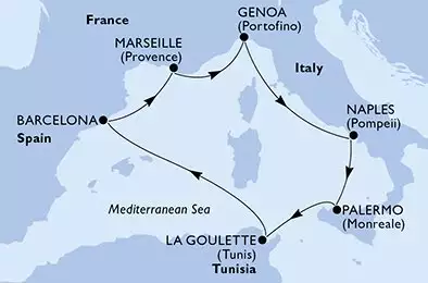 MSC EURIBIA - itinerár  7 nocí odchod z Marsella (Provenza) Francia dňa 04/04/2027 - Marseille,Genoa,Naples,Palermo,La Goulette,Barcelona,Marseille