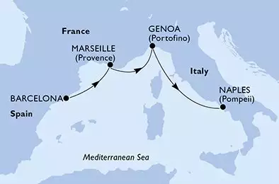 MSC EURIBIA - itinerár  3 nocí odchod z Barcelone Espagne dňa 24/10/2026 - Barcelona,Marseille,Genoa,Naples