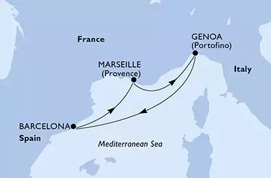 MSC EURIBIA - itinerár  4 nocí odchod z Gênova (Portofino) Itália dňa 22/10/2026 - Genoa,Barcelona,Marseille,Genoa