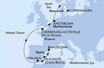 MSC EURIBIA - itinerár  9 nocí odchod z Copenhagen Denmark dňa 11/10/2026 - Copenhagen,Amsterdam,Cherbourg,Malaga,Alicante,Barcelona