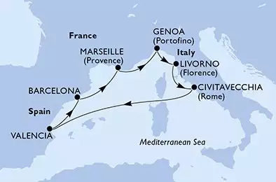MSC ORCHESTRA  - itinerár  7 nocí odchod z Marsella (Provenza) Francia dňa 29/03/2027 - Marseille,Genoa,Livorno,Civitavecchia,Valencia,Barcelona,Marseille