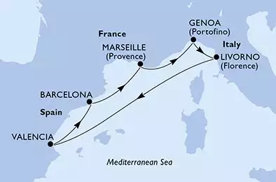 MSC ORCHESTRA  - itinerár  6 nocí odchod z Valencia Spain dňa 14/11/2026 - Valencia,Barcelona,Marseille,Genoa,Livorno,Valencia
