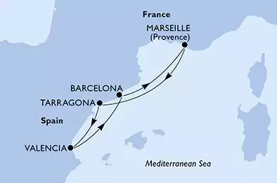 MSC ORCHESTRA  - itinerár  4 nocí odchod z Marsella (Provenza) Francia dňa 29/10/2026 - Marseille,Tarragona,Valencia,Barcelona,Marseille