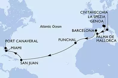 MSC GRANDIOSA - itinerár  19 nocí odchod z Génova (Portofino) Italia dňa 26/10/2026 - Genoa,La Spezia,Civitavecchia,Palma de Mallorca,Barcelona,Funchal,San Juan,Miami,Port Canaveral