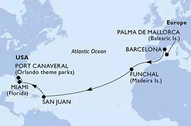 MSC GRANDIOSA - itinerár  15 nocí odchod z Palma de Mallorca Spain dňa 30/10/2026 - Palma de Mallorca,Barcelona,Funchal,San Juan,Miami,Port Canaveral