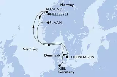 MSC EURIBIA - itinerár  7 nocí odchod z Copenhagen Denmark dňa 04/10/2026 - Copenhagen,Hellesylt,Alesund,Flaam,Kiel,Copenhagen