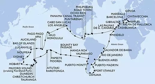 MSC MAGNIFICA - itinerár  121 nocí odchod z Genua (Portofino) Italien dňa 05/01/2027 - Genoa,Marseille,Barcelona,Gibraltar,Casablanca,Mindelo,Salvador,Rio de Janeiro,Rio de Janeiro,Buenos Aires,Buenos Aires,Puerto Madryn,Port Stanley,Ushuaia,Ushuaia,Puerto Montt,Valparaiso,Valparaiso,Hanga Roa,Bounty Bay Passage,Papeete,Papeete,Moorea,Aitutaki,Rarotonga,Bay of Islands,Auckland,Tauranga,Christchurch,Dunedin,Cruising Milford Sound,Hobart,Hobart,Sydney,Sydney,Noumea,Luganville,Apia,Pago Pago,Honolulu,Hilo,Los Angeles,Cabo San Lucas,Puntarenas,BLB-Panam Canal,CTB-Panama Canal,Ocho Rios,Road Town,Philipsburg,Las Palmas de G.Canaria,Palma de Mallorca,Naples,Civitavecchia,Genoa