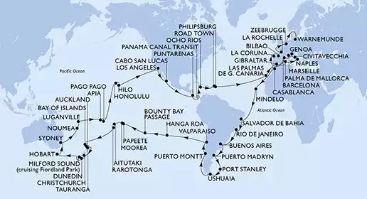 MSC MAGNIFICA - itinerár  132 nocí odchod z Génova (Portofino) Italia dňa 05/01/2027 - Genoa,Marseille,Barcelona,Gibraltar,Casablanca,Mindelo,Salvador,Rio de Janeiro,Rio de Janeiro,Buenos Aires,Buenos Aires,Puerto Madryn,Port Stanley,Ushuaia,Ushuaia,Puerto Montt,Valparaiso,Valparaiso,Hanga Roa,Bounty Bay Passage,Papeete,Papeete,Moorea,Aitutaki,Rarotonga,Bay of Islands,Auckland,Tauranga,Christchurch,Dunedin,Cruising Milford Sound,Hobart,Hobart,Sydney,Sydney,Noumea,Luganville,Apia,Pago Pago,Honolulu,Hilo,Los Angeles,Cabo San Lucas,Puntarenas,BLB-Panam Canal,CTB-Panama Canal,Ocho Rios,Road Town,Philipsburg,Las Palmas de G.Canaria,Palma de Mallorca,Naples,Civitavecchia,Genoa,Marseille,Barcelona,La Coruna,Bilbao,La Rochelle,Zeebrugge,Warnemunde
