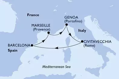 MSC FANTASIA - itinerár  5 nocí odchod z Marsella (Provenza) Francia dňa 17/04/2026 - France,Italy,Spain