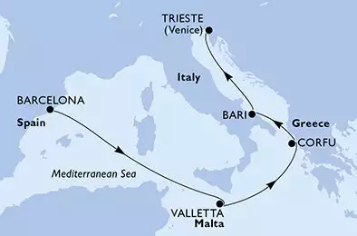 MSC FANTASIA - itinerár  6 nocí odchod z Barcelona Spanien dňa 27/04/2026 - Spain,Malta,Greece,Italy
