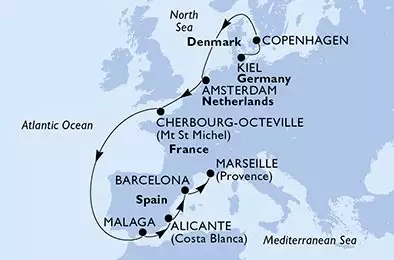 MSC EURIBIA - itinerár  11 nocí odchod z Kiel Germany dňa 10/10/2026 - Kiel,Copenhagen,Amsterdam,Cherbourg,Malaga,Alicante,Barcelona,Marseille