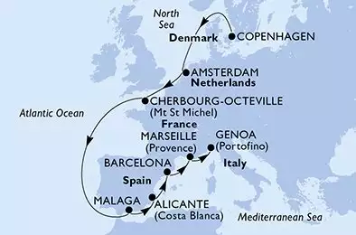 MSC EURIBIA - itinerár  11 nocí odchod z Copenhagen Denmark dňa 11/10/2026 - Copenhagen,Amsterdam,Cherbourg,Malaga,Alicante,Barcelona,Marseille,Genoa