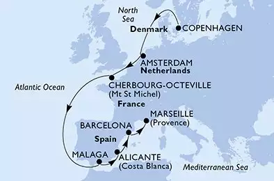 MSC EURIBIA - itinerár  10 nocí odchod z Copenhague Danemark dňa 11/10/2026 - Copenhagen,Amsterdam,Cherbourg,Malaga,Alicante,Barcelona,Marseille