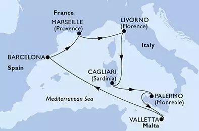 MSC SPLENDIDA - itinerár  7 nocí odchod z Livorno (Florencia) Italia dňa 13/10/2026 - Italy,Malta,Spain,France