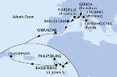 Civitavecchia,Livorno,Genoa,Marseille,Barcelona,Gibraltar,St John s,Philipsburg,Basseterre,La Romana