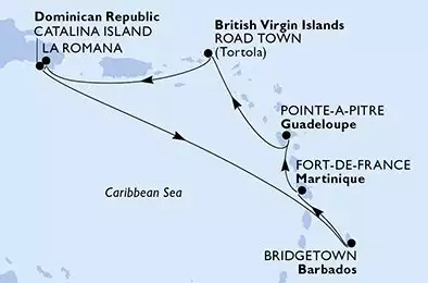 MSC OPERA - itinerár  7 nocí odchod z La Romana Dominican Republic dňa 30/11/2026 - Dominican Republic,Barbados,Martinique,Guadeloupe,Virgin Islands