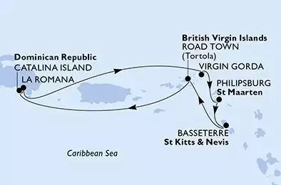 MSC OPERA - itinerár  7 nocí odchod z La Romana Dominican Republic dňa 01/02/2027 - La Romana,Virgin Gorda,Philipsburg,Basseterre,Road Town,Catalina Island,La Romana