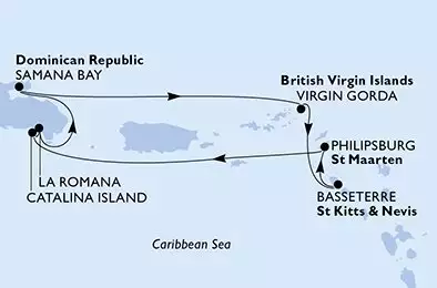 MSC OPERA - itinerár  7 nocí odchod z La Romana Dominican Republic dňa 21/12/2026 - La Romana,Samana Bay,Virgin Gorda,Basseterre,Philipsburg,Catalina Island,La Romana