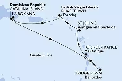 MSC OPERA - itinerár  7 nocí odchod z La Romana Dominican Republic dňa 28/12/2026 - La Romana,Catalina Island,Bridgetown,Fort de France,St John s,Road Town,La Romana
