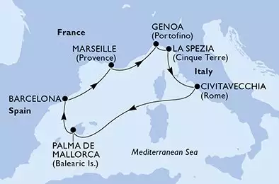 MSC WORLD EUROPA - itinerár  7 nocí odchod z Genua (Portofino) Italien dňa 10/05/2027 - Genoa,La Spezia,Civitavecchia,Palma de Mallorca,Barcelona,Marseille,Genoa