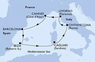 MSC FANTASIA - itinerár  7 nocí odchod z Barcelona Spanien dňa 01/07/2027 - Barcelona,Ibiza,Cagliari,Civitavecchia,Livorno,Cannes,Barcelona