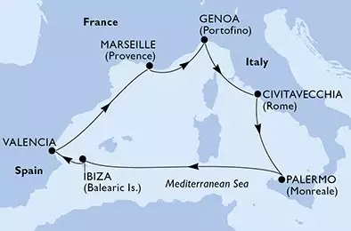 MSC MUSICA - itinerár  7 nocí odchod z Marsella (Provenza) Francia dňa 28/05/2027 - Marseille,Genoa,Civitavecchia,Palermo,Ibiza,Valencia,Marseille