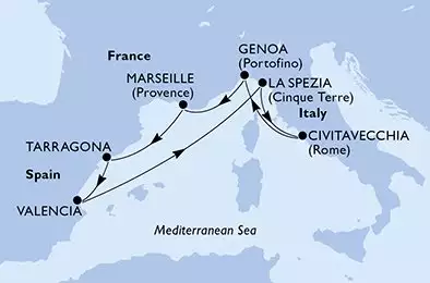 MSC ORCHESTRA  - itinerár  7 nocí odchod z Marsella (Provenza) Francia dňa 27/05/2027 - Marseille,Tarragona,Valencia,La Spezia,Civitavecchia,Genoa,Marseille