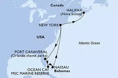 MSC MERAVIGLIA - itinerár  9 nocí odchod z New York United States dňa 12/04/2026 - New York,Port Canaveral,Ocean Cay,Nassau,New York,Halifax