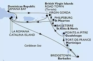 MSC OPERA - itinerár  14 nocí odchod z Fort de France Martinique dňa 18/12/2026 - Fort de France,Pointe-a-Pitre,Road Town,La Romana,Samana Bay,Virgin Gorda,Basseterre,Philipsburg,Catalina Island,La Romana,Catalina Island,Bridgetown,Fort de France