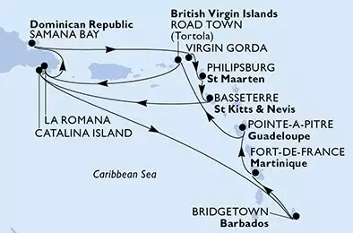 MSC OPERA - itinerár  14 nocí odchod z Bridgetown Barbados dňa 19/11/2026 - Bridgetown,Fort de France,Pointe-a-Pitre,Road Town,La Romana,Samana Bay,Virgin Gorda,Philipsburg,Basseterre,Catalina Island,La Romana,Catalina Island,Bridgetown