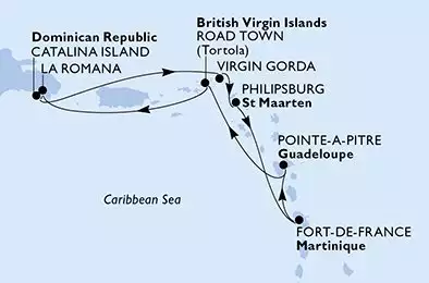 MSC OPERA - itinerár  7 nocí odchod z Fort de France Martinique dňa 01/10/2027 - Fort de France,Pointe-a-Pitre,Road Town,La Romana,Catalina Island,Virgin Gorda,Philipsburg,Fort de France