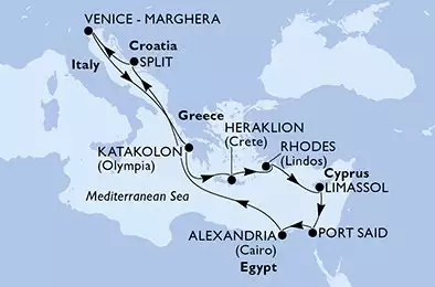 MSC LIRICA - itinerár  11 nocí odchod z Venise - Marghera Italie dňa 03/11/2027 - Venice-Marghera,Katakolon,Heraklion,Rhodes,Limassol,Port Said,Alexandria,Split,Venice-Marghera