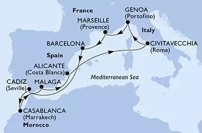 MSC MAGNIFICA - itinerár  10 nocí odchod z Marselha (Provença) França dňa 07/12/2026 - Marseille,Barcelona,Cadiz,Casablanca,Malaga,Alicante,Civitavecchia,Genoa,Marseille