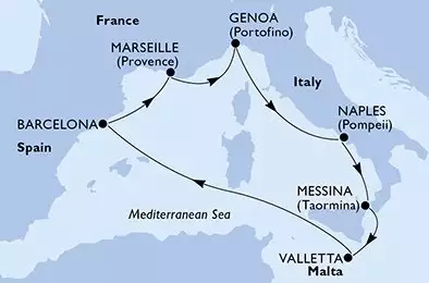 MSC MAGNIFICA - itinerár  7 nocí odchod z Marselha (Provença) França dňa 28/11/2026 - Marseille,Genoa,Naples,Messina,Valletta,Barcelona,Marseille