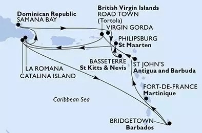 MSC OPERA - itinerár  14 nocí odchod z La Romana Dominican Republic dňa 21/12/2026 - La Romana,Samana Bay,Virgin Gorda,Basseterre,Philipsburg,Catalina Island,La Romana,Catalina Island,Bridgetown,Fort de France,St John s,Road Town,La Romana