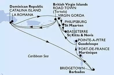 MSC OPERA - itinerár  14 nocí odchod z La Romana Dominican Republic dňa 30/11/2026 - La Romana,Catalina Island,Bridgetown,Fort de France,Pointe-a-Pitre,Road Town,La Romana,Virgin Gorda,Philipsburg,Basseterre,Road Town,Catalina Island,La Romana
