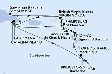 MSC OPERA - itinerár  14 nocí odchod z La Romana Dominican Republic dňa 04/01/2027 - La Romana,Samana Bay,Virgin Gorda,Basseterre,Philipsburg,Catalina Island,La Romana,Catalina Island,Bridgetown,Fort de France,St John s,Virgin Gorda,La Romana