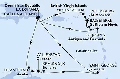 MSC OPERA - itinerár  14 nocí odchod z La Romana Dominican Republic dňa 22/03/2027 - La Romana,Catalina Island,Oranjestad,Willemstad,Kralendijk,Saint George,La Romana,Catalina Island,Virgin Gorda,Philipsburg,Basseterre,St John s,La Romana