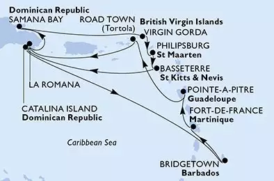 MSC OPERA - itinerár  14 nocí odchod z La Romana Dominican Republic dňa 16/11/2026 - Dominican Republic,Barbados,Martinique,Guadeloupe,Virgin Islands,Netherlands Antilles,Saint Kitts and Nevis