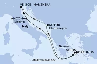 MSC LIRICA - itinerár  7 nocí odchod z Venice - Marghera Italy dňa 10/10/2026 - Italy,Montenegro,Greece