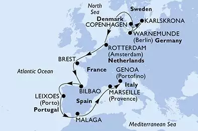 MSC MAGNIFICA - itinerár  14 nocí odchod z Copenhagen Denmark dňa 03/10/2026 - Copenhagen,Karlskrona,Warnemunde,Rotterdam,Brest,Bilbao,Leixoes,Malaga,Marseille,Genoa