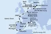 Copenhagen,Karlskrona,Warnemunde,Rotterdam,Brest,Bilbao,Leixoes,Malaga,Marseille,Genoa