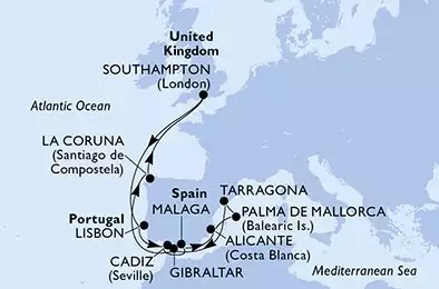 MSC VIRTUOSA - itinerár  14 nocí odchod z Southampton United Kingdom dňa 12/09/2026 - United Kingdom,Portugal,Spain,Gibraltar