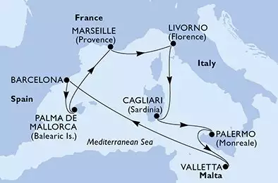 MSC SPLENDIDA - itinerár  8 nocí odchod z Marsiglia (Provenza) Francia dňa 26/04/2026 - France,Italy,Malta,Spain